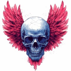 A Human Skull with Pink Feathery Wings