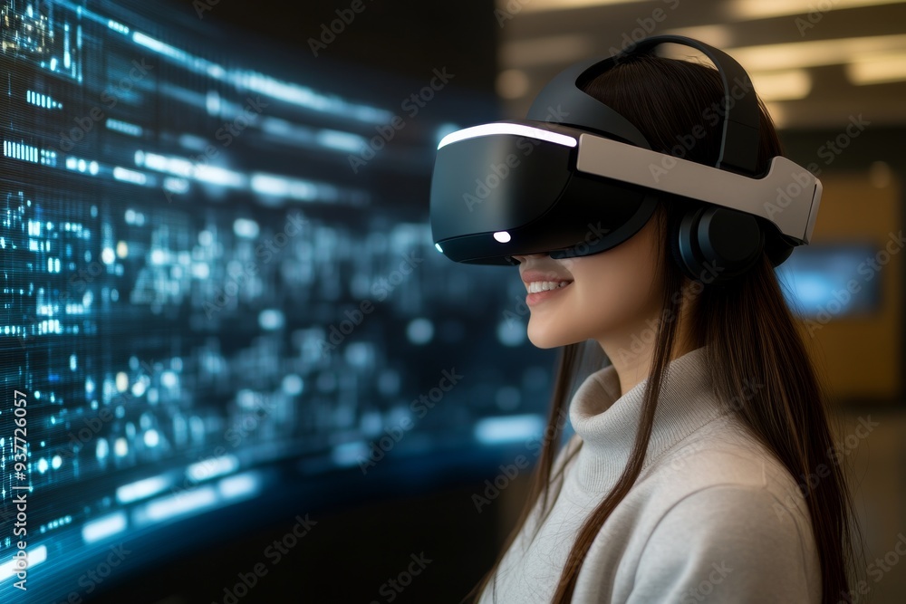 Poster profile of a woman in a vr headset immersed in a digital environment symbolizing the seamless integr
