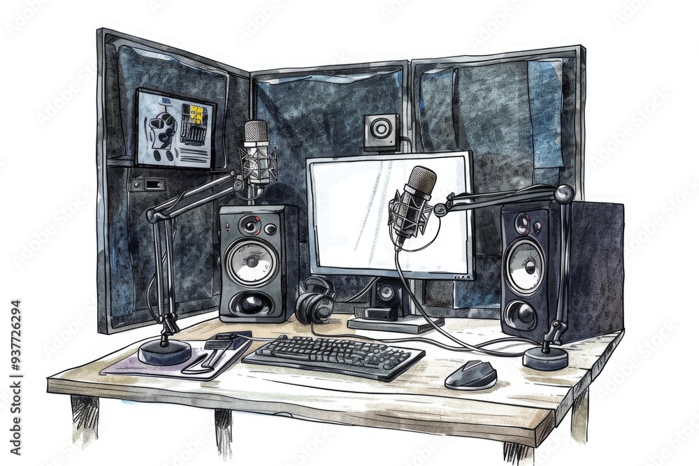 Aufkleber A desk setup with a computer and speakers, ideal for home or office use