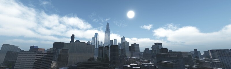 Fototapeta premium Panorama of a modern city under the clouds, 3d rendering