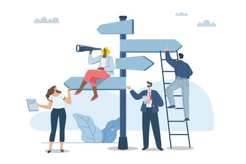 Determining the direction or important path of the business, Setting the right path to success, Using vision analysis to analyze the future, Business team plans to signpost for the organization.