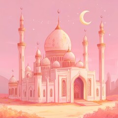 a pink mosque with a crescent moon in the sky