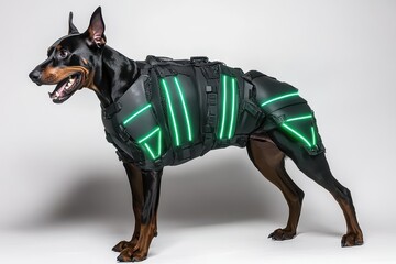a doberman dog wearing a green jacket