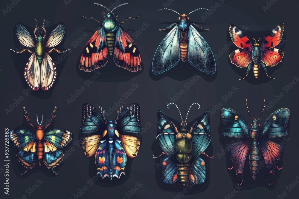 Poster a collection of colorful butterflies on a black background