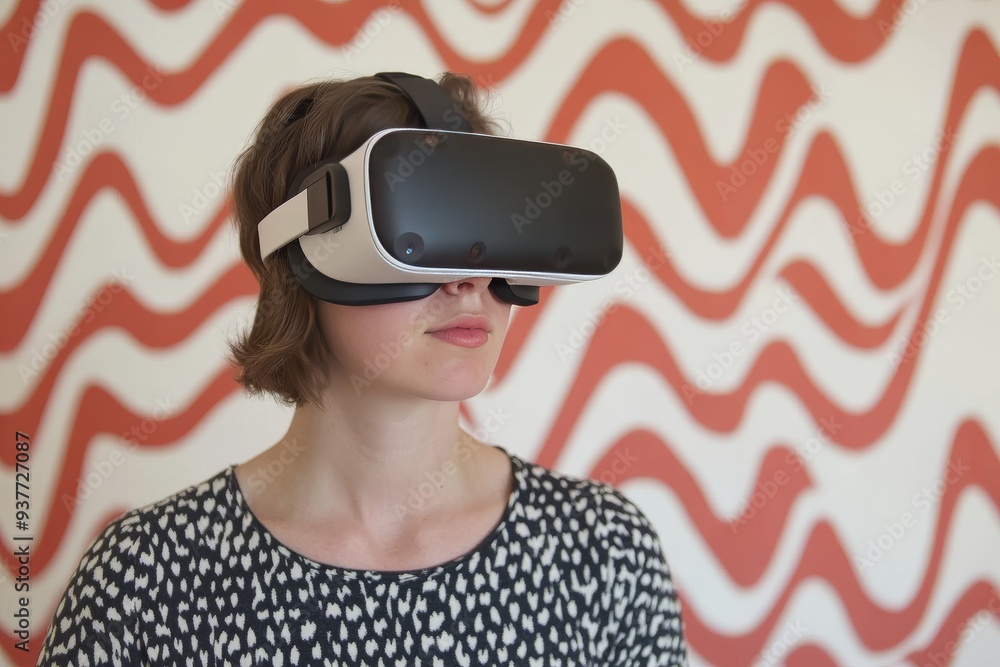 Poster woman in a vr headset standing against a backdrop of wavy patterns representing the fusion of modern