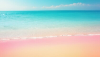 There is a blurry image of a beach with a blue sky