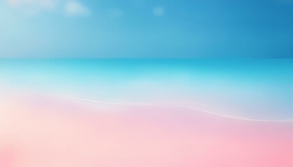 There is a blurry image of a beach with a blue sky