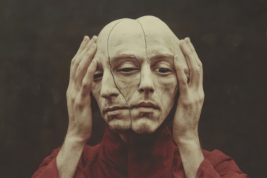 a man with a face made of clay is holding his head