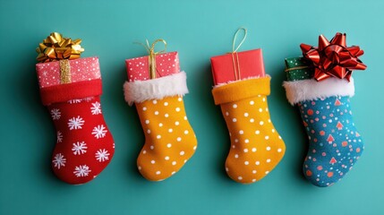 Festive Christmas Stockings Overflowing with Presents on a Soft Pastel Background