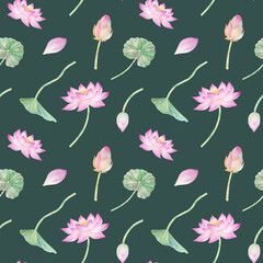 Seamless pattern with watercolor flowers lotuses lotuses, buds and leaves. Watercolor illustration, hand drawn lotuses for design