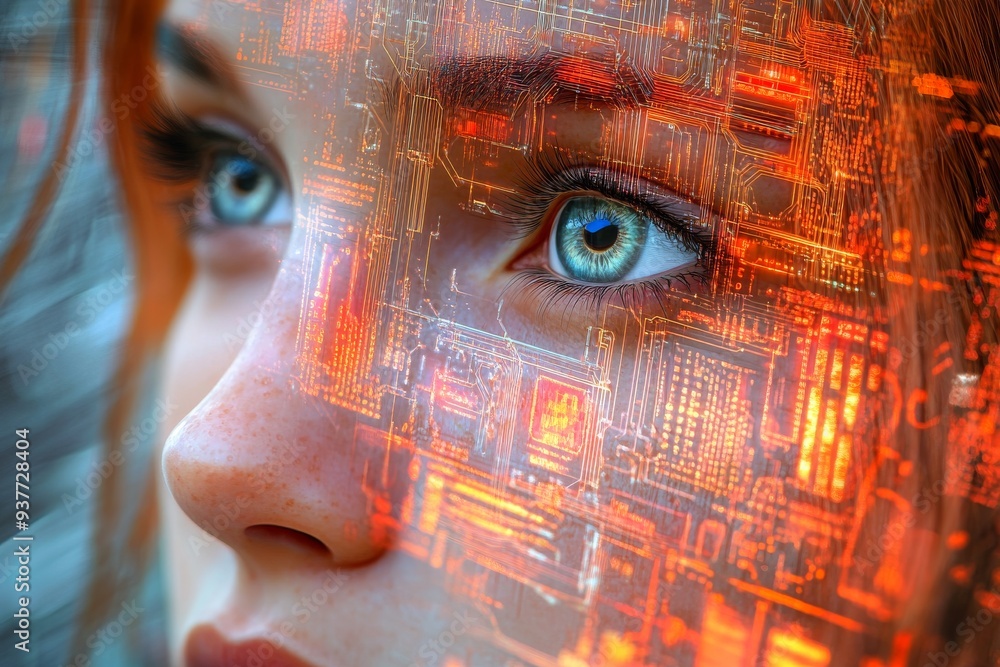 Poster close up of a womans face with digital circuit overlays symbolizing the deep integration of technolo