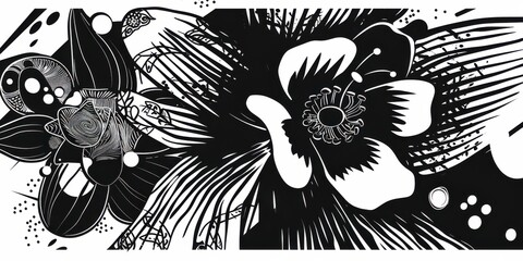 Linocut flowers. flower linear woodcut illustration. Black linear pattern banner