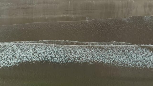 Barrido de olas blancas que crean un efecto de s&aacute;banas en la arena que es captado por un drone en 4k. Este espect&aacute;culo natural se crea desde las alturas y toca la arena amarilla, azul y atardeceres.