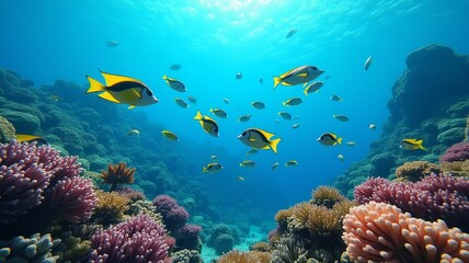 Fototapeta premium Tropical fish swimming in a vibrant coral reef, capturing the beauty of underwater life. Ideal for marine, nature, and aquatic themes
