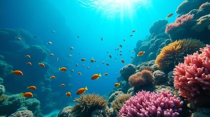 Obraz premium Tropical fish swimming in a vibrant coral reef, capturing the beauty of underwater life. Ideal for marine, nature, and aquatic themes