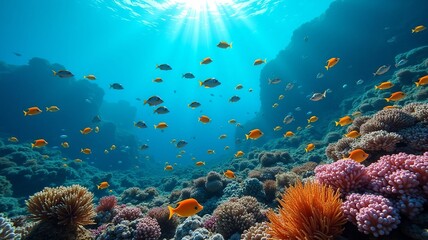 Naklejka premium Tropical fish swimming in a vibrant coral reef, capturing the beauty of underwater life. Ideal for marine, nature, and aquatic themes