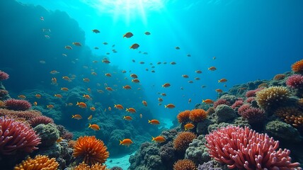 Obraz premium Tropical fish swimming in a vibrant coral reef, capturing the beauty of underwater life. Ideal for marine, nature, and aquatic themes