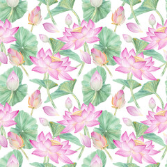 Seamless pattern with watercolor flowers lotuses lotuses, buds and leaves. Watercolor illustration, hand drawn lotuses for design
