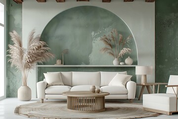 Front view of a living room interior with comfortable white sofa and decorative flowers arch