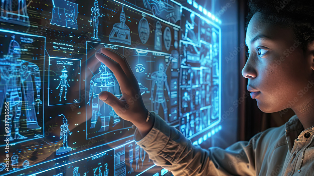 Aufkleber a child explores an illuminated holographic display filled with detailed illustrations of robots and