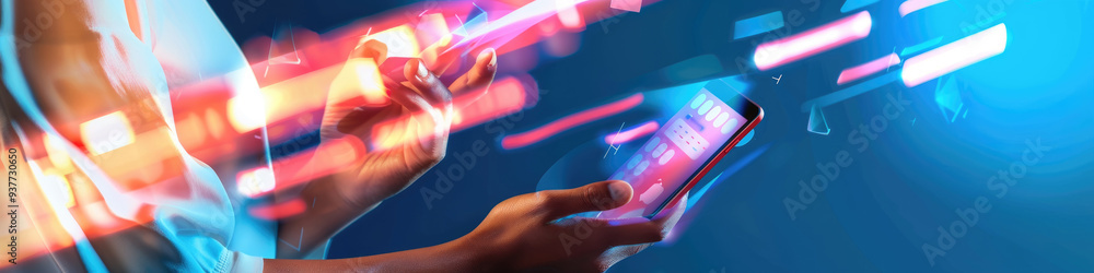 Poster a user interacts with a smartphone illuminated by vibrant light trails, creating a lively digital at