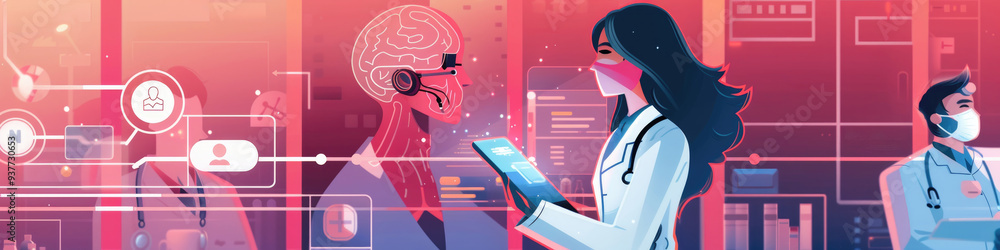Poster healthcare workers collaborate and utilize cutting-edge technology while monitoring patient data and