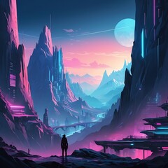 Fantasy landscape with mountains and moon, Futuristic landscape featuring neon waves and glowing mountains, Stunning mountains, panoramic mountains