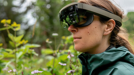 A woman focuses on her surroundings, wearing augmented reality glasses as she examines plants in a vibrant garden