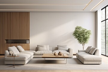 A pristine living room adorned with clean lines, neutral colors, and minimal furniture, embodying the essence of minimalist interior design	
