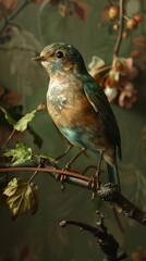Fototapeta premium A Small Bird Perched on a Branch with Green Leaves