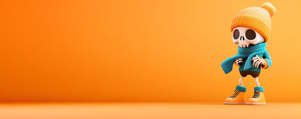 Fototapeta premium A playful skeleton character wearing a cozy winter hat and scarf, set against a vibrant orange background.