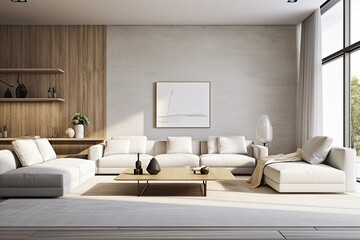 A pristine living room adorned with clean lines, neutral colors, and minimal furniture, embodying the essence of minimalist interior design	

