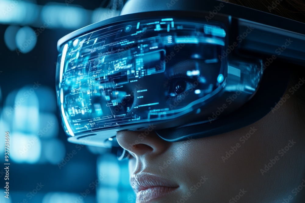 Poster profile of a woman in a high tech visor reflecting a digital interface symbolizing the seamless inte