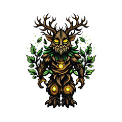 A mystical creature made of wood, leaves, and vine. It has large antlers, glowing eyes, and a menacing expression.