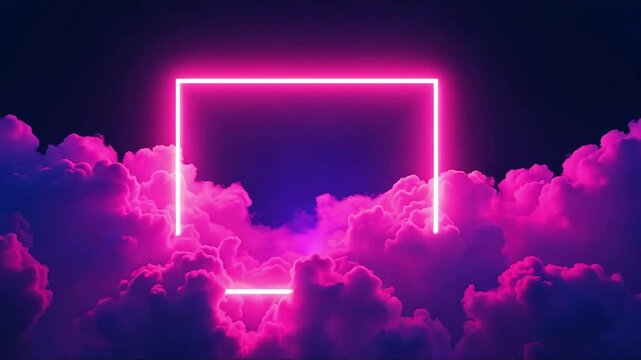 Looping 3d animation. Abstract neon background with glowing square shape and spinning cloud. Blank geometric frame in the sky.
