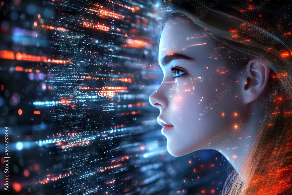 Poster profile of a young woman with digital data streams surrounding her symbolizing the deep connection b