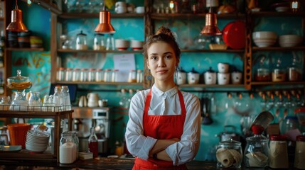 The barista in red apron
