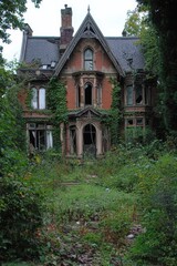 Obraz premium Abandoned Victorian Gothic Revival Style Manor House in Overgrown Garden