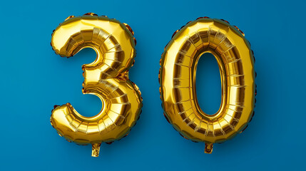 A golden foil balloon shaped as "30" stands out against a blue background, featuring ample space for text. This setup highlights a birthday party decoration concept, showcasing the celebratory atmosph