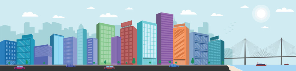 Sunrise over a modern colorful costal city. Bright sunlight illuminates the portside buildings and skyscrapers. Bridge and ships on the sea. Vector illustration. City landscape. Sun glare. Cityscape.