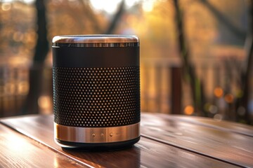 A high-tech speaker sits atop a wooden table, ready to play your favorite tunes
