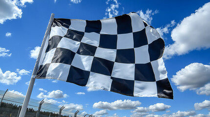 Checkered black and white racing flag waving in the wind on a sunny day