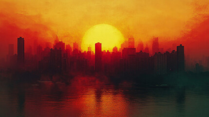 Fototapeta premium Apocalyptic cityscape with skyscrapers burning under a red sun