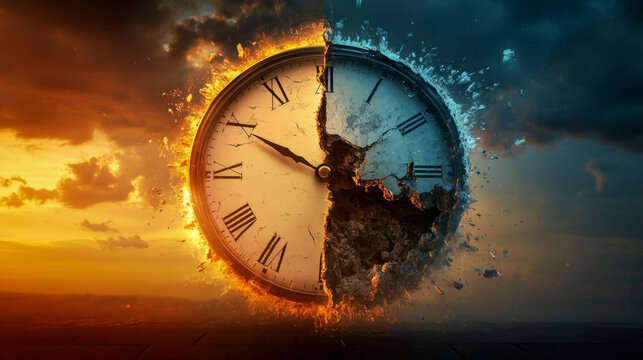 Vintage clock is breaking apart with one side on fire and the other frozen representing the passing of time