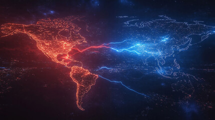 World map at night showing tensions between continents with energy beams