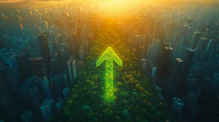 Green arrow made of lush leafy trees is growing through a city centre at sunset, symbolizing sustainable urban development