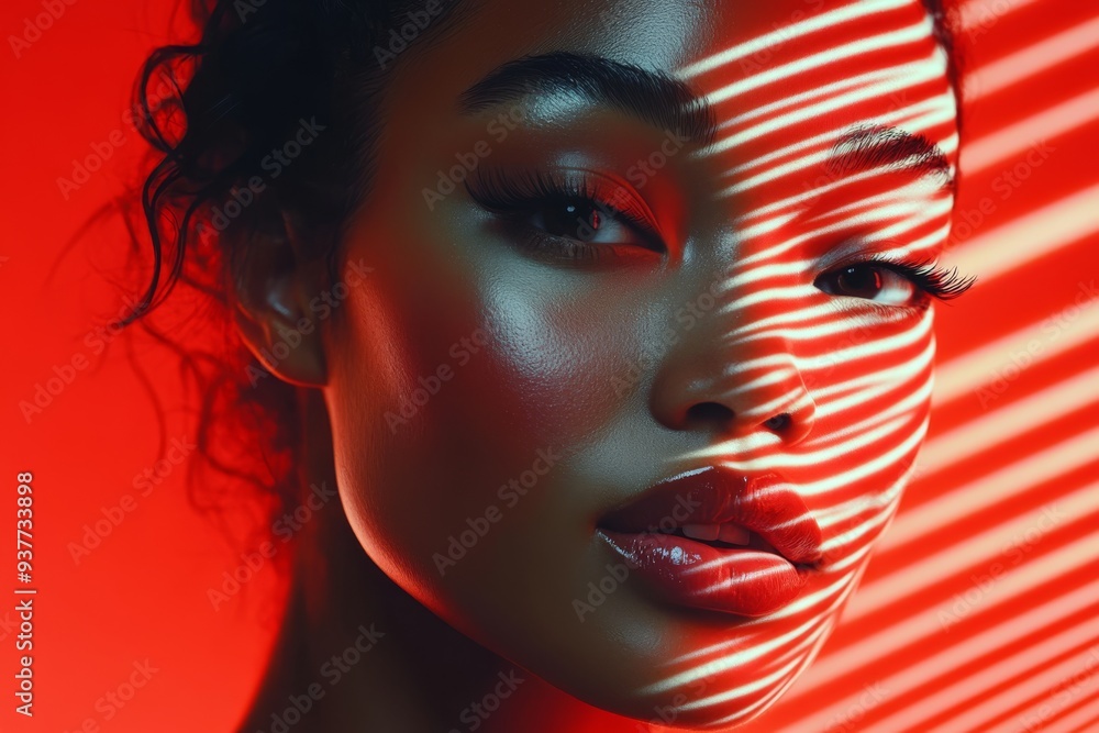 Poster profile of a woman with striped light patterns on her face symbolizing the interplay between human e