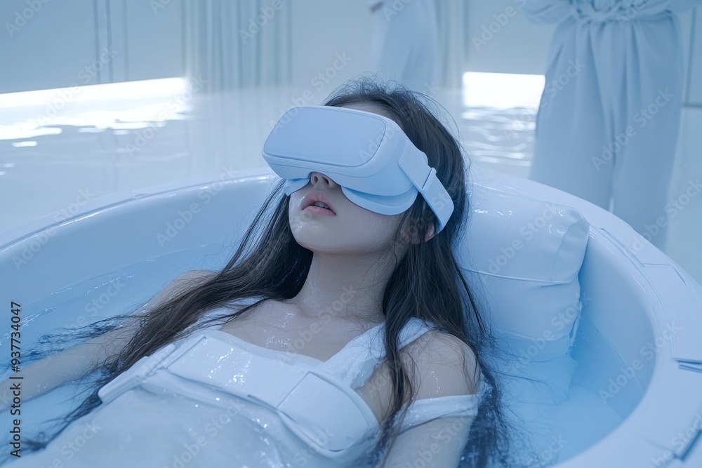 Poster profile of a woman in a white vr headset lying in a minimalist setting symbolizing the peaceful inte