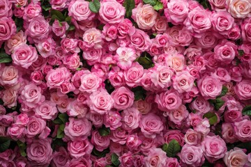 A densely packed arrangement of pink roses creates a lush