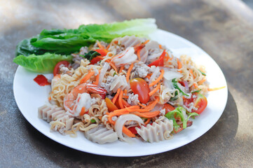 noodles or noodles without soup, spicy noodles or noodles salad or shrimp salad